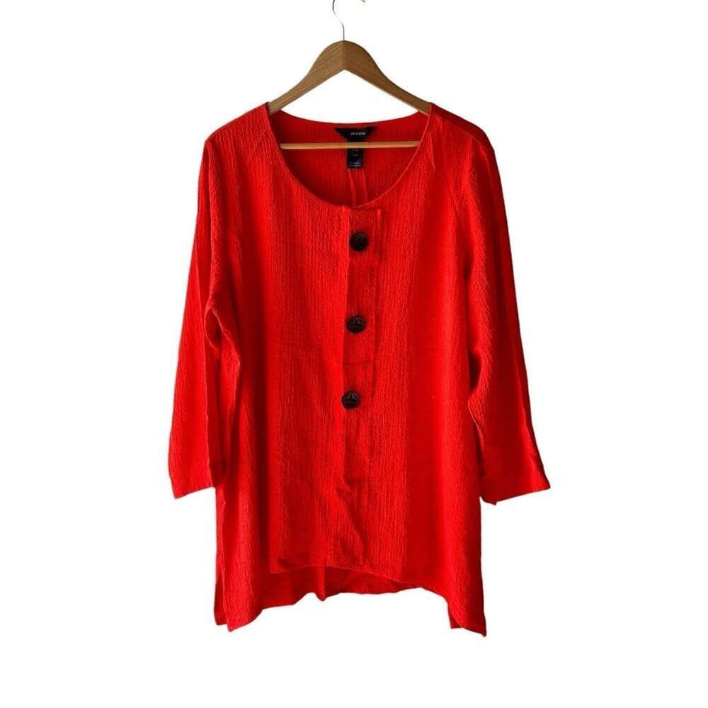 Ali Miles Size 1X Bright Orange Decorative Button Popcorn Textured Crinkle Top